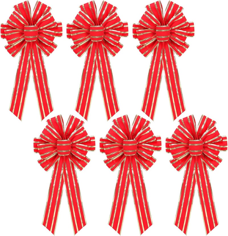 RoseCraft 6PCS Red/Gold Christmas Bow, 9”x13” Large Velvet Christmas Tree Topper Bow Ornaments for Home Xmas Tree Wreath Fence Stairs Railing Fireplace Front Door Party Valentine's Day Decoration. - Image 1